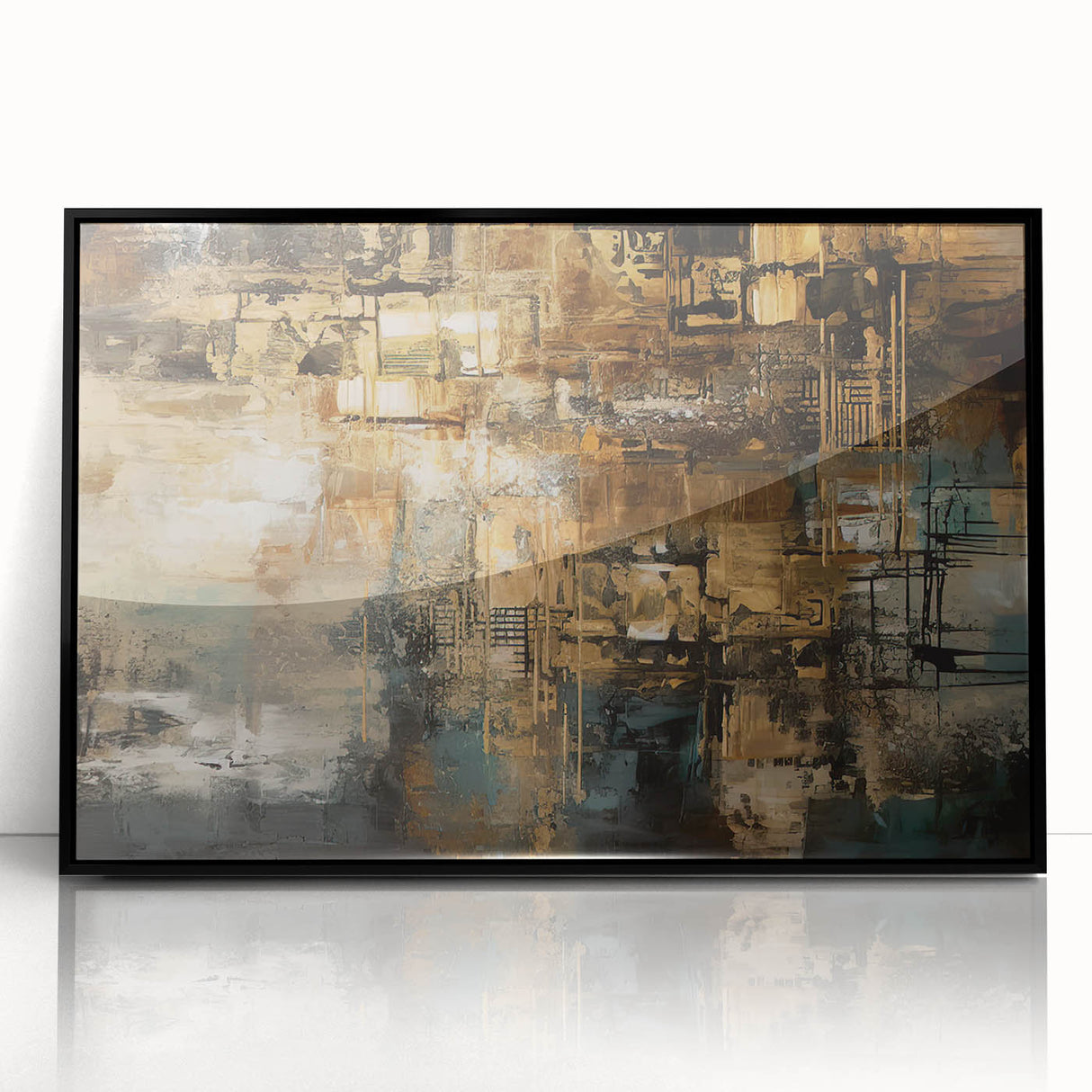 Framed wall art showcasing an abstract design of colorful strokes and lines, featuring a sleek black frame that enhances modern decor.