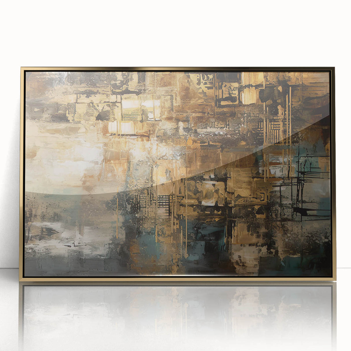 Framed abstract wall art featuring intricate strokes and lines in gold and black, showcasing a contemporary design suitable for modern interiors.