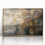 Framed abstract wall art featuring intricate strokes and lines in gold and black, showcasing a contemporary design suitable for modern interiors.