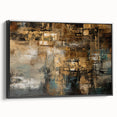 Framed canvas wall art showcasing an abstract design of colorful strokes and lines in a sleek black frame, ideal for modern decor.