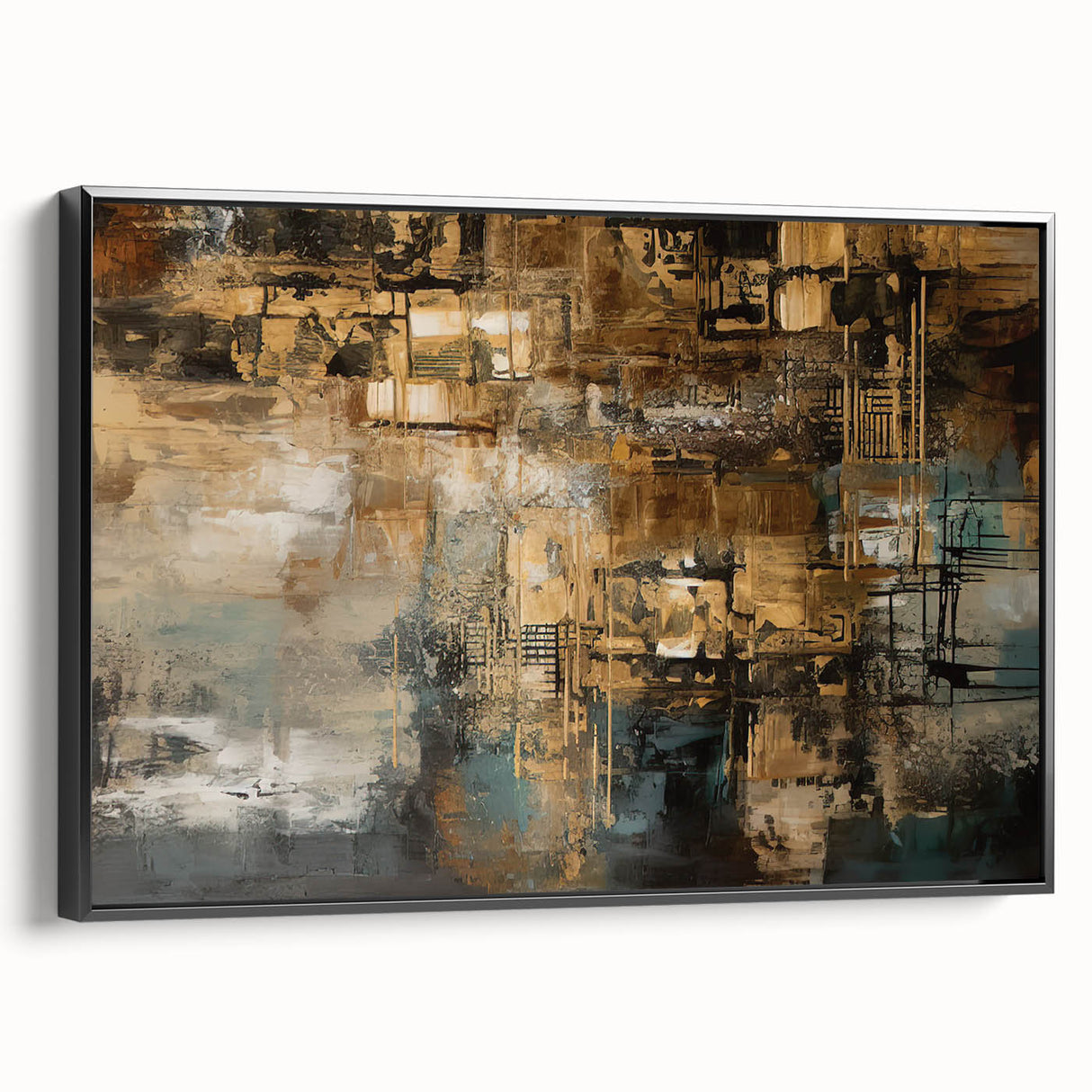 Framed canvas wall art showcasing an abstract design of colorful strokes and lines in a sleek black frame, ideal for modern decor.