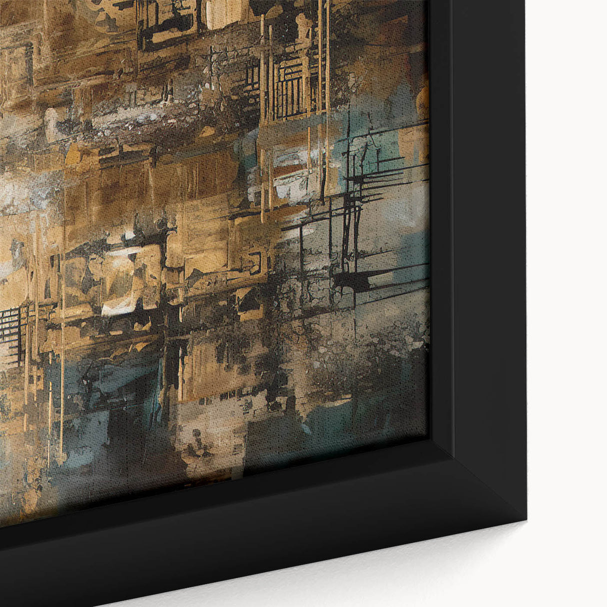 Close-up of an abstract strokes and lines design wall art piece on framed canvas, showcasing vibrant colors and dynamic patterns, perfect for modern decor.