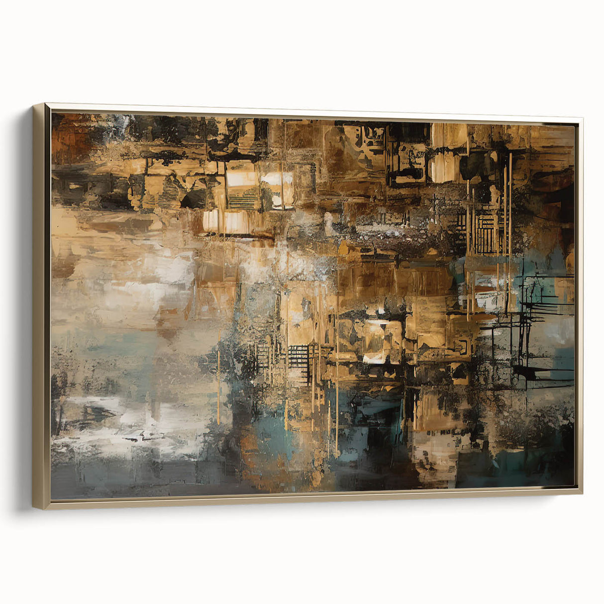 Framed wall art featuring an abstract design of gold strokes and lines on a neutral background, showcasing modern elegance and sophistication.