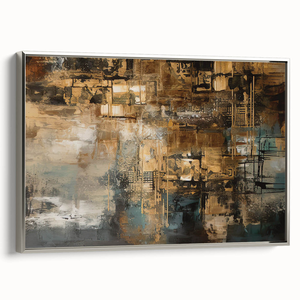 Framed wall art piece showcasing an abstract design of colorful strokes and lines in silver tones, elegantly displayed from a side view, ideal for modern decor.