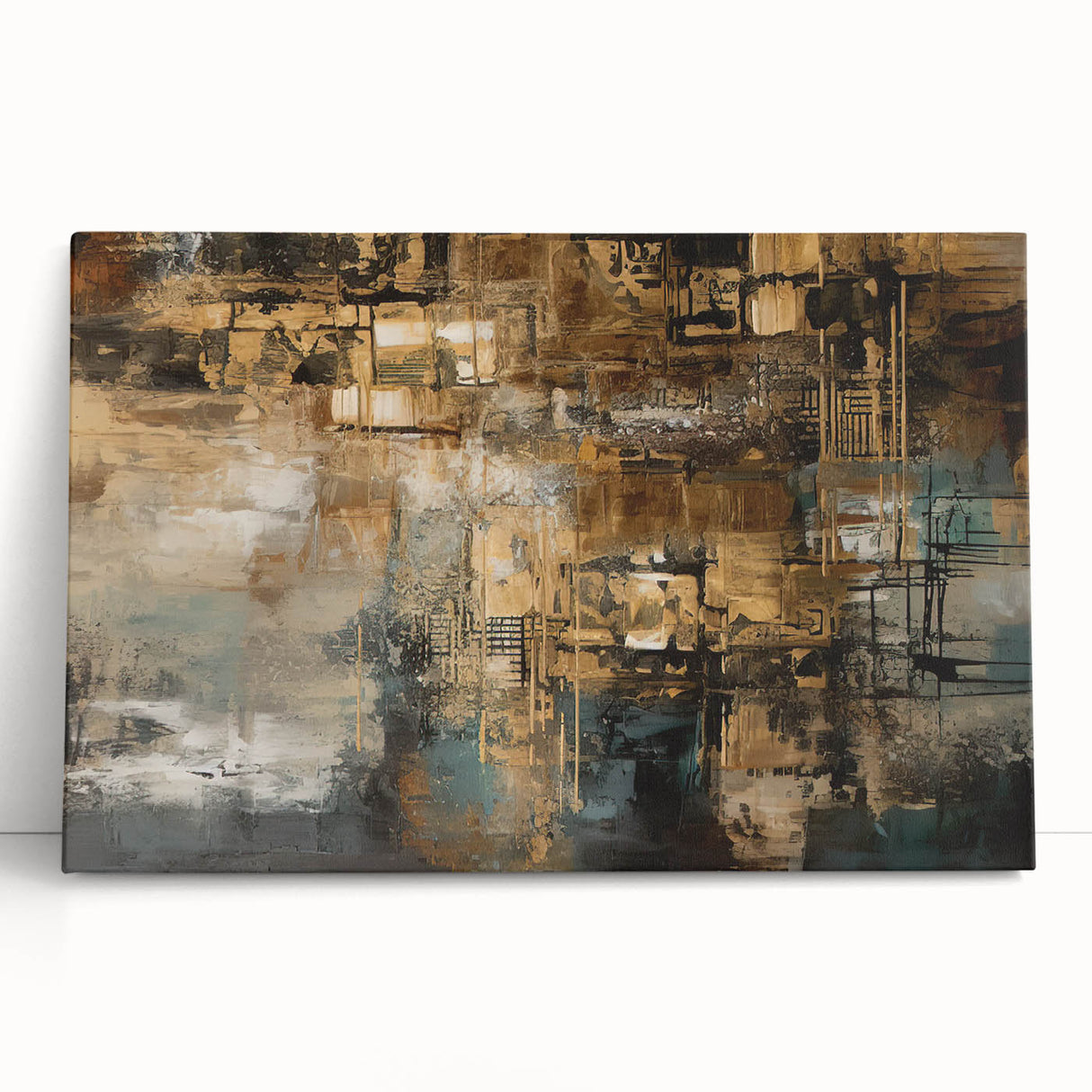 Abstract canvas wall art showcasing dynamic strokes and lines in a vibrant color palette of blues, pinks, and golds, ideal for modern decor.