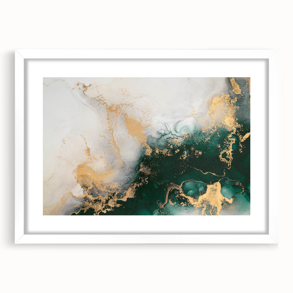 Abstract wall art featuring vibrant strokes and lines in shades of blue, green, and gold, elegantly framed with a white mat for a modern decor touch.