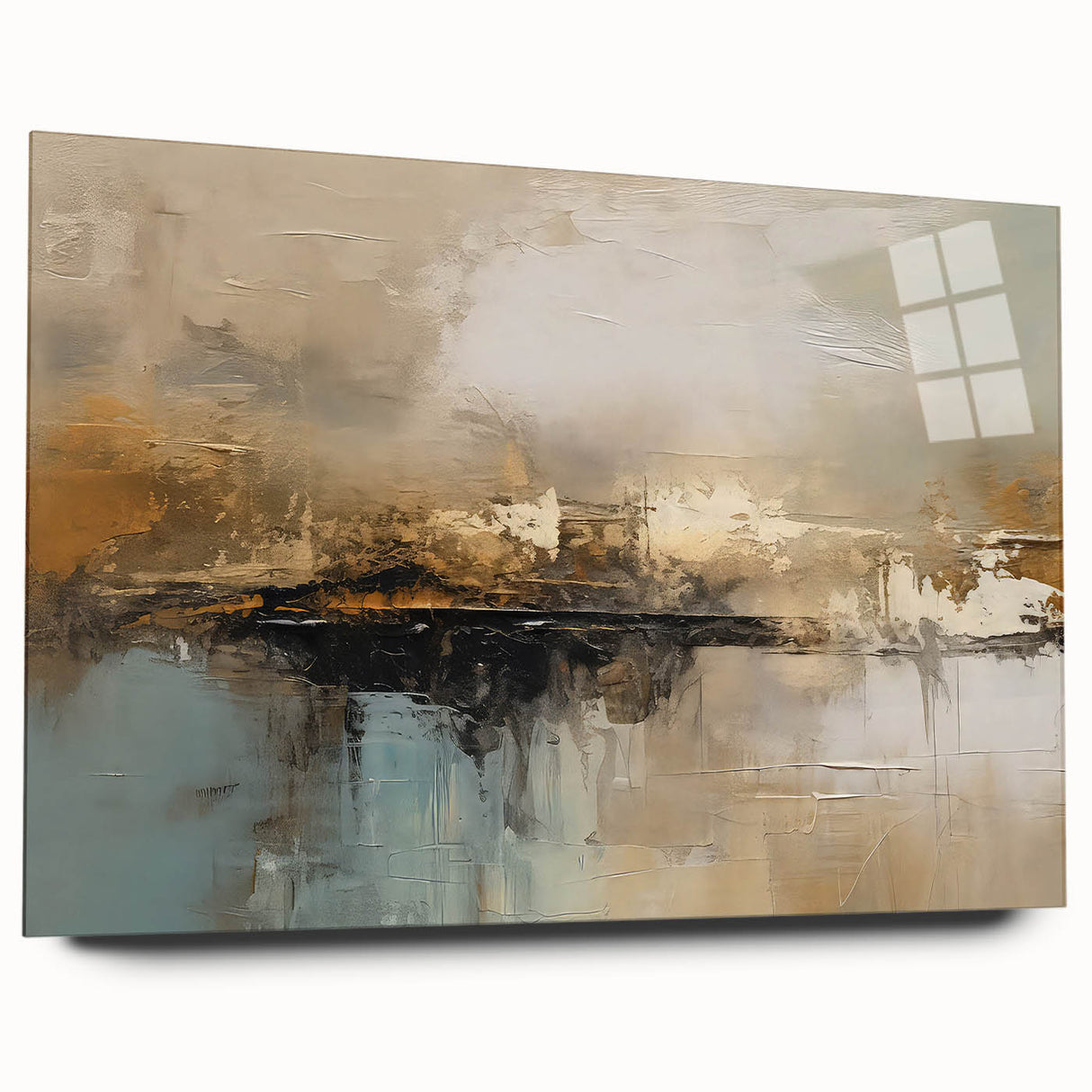 Abstract wall art design showcasing colorful strokes and lines on acrylic glass, elegantly presented in a side view without pins for modern decor.