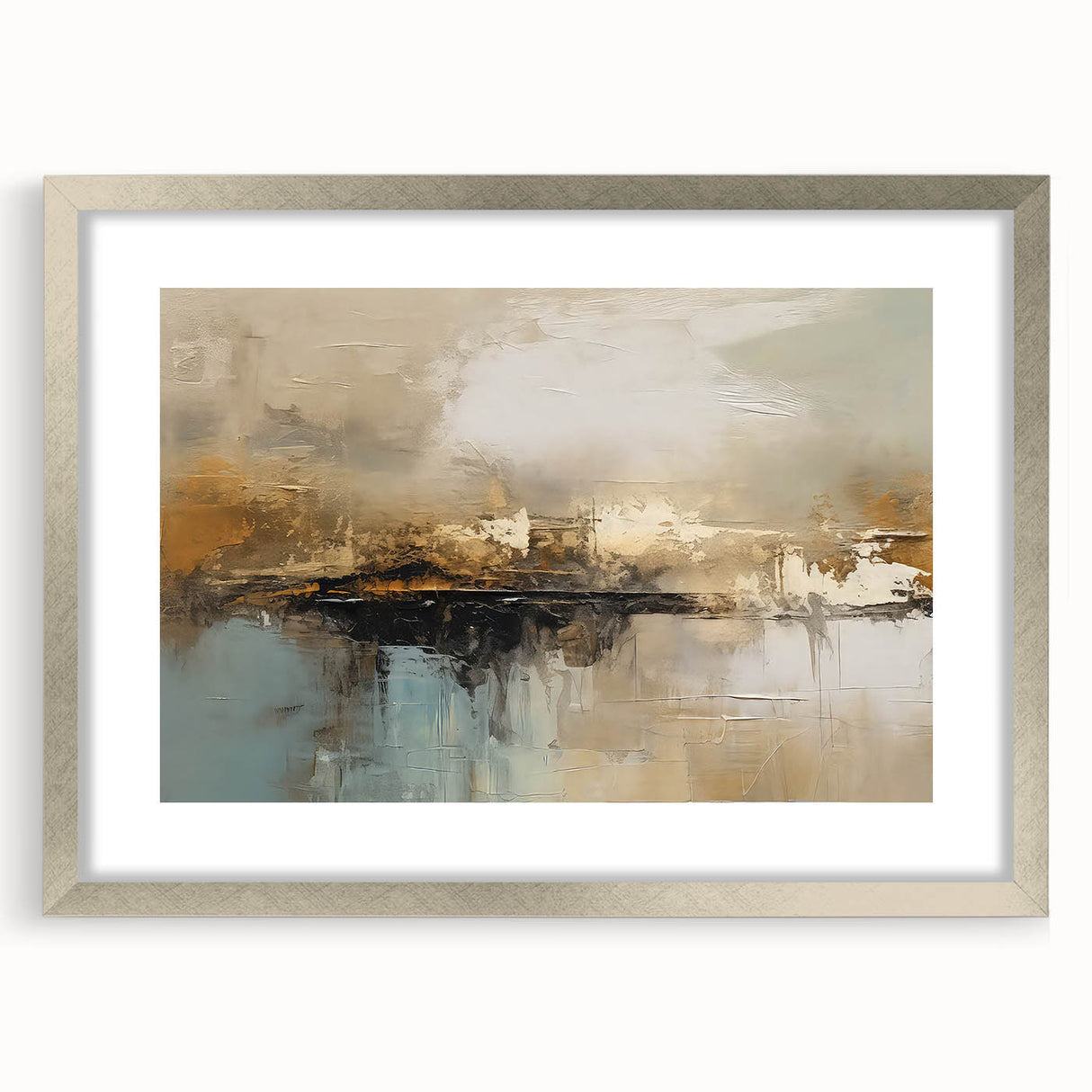 Framed abstract wall art featuring colorful strokes and lines in a modern design, accented with a silver mat, perfect for contemporary decor.