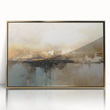 Framed abstract wall art featuring gold strokes and lines on a sleek acrylic background, adding a modern touch to any decor.