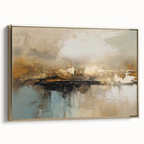Framed wall art showcasing an abstract design of gold strokes and lines on a textured canvas, presented in an elegant side view.