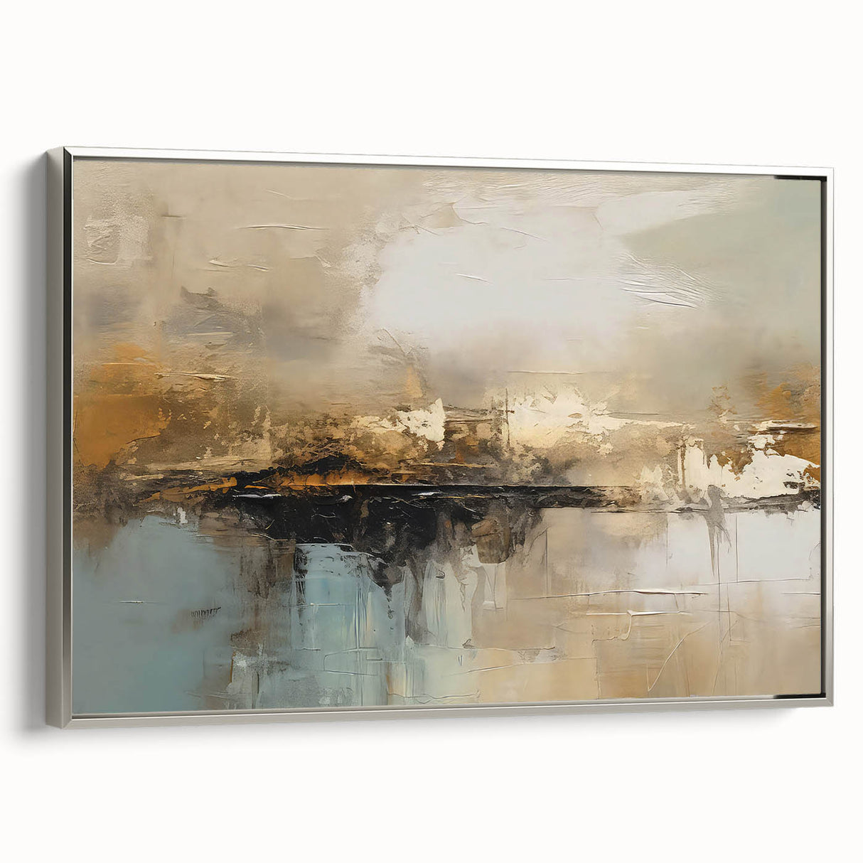 Framed abstract wall art featuring elegant strokes and lines in silver tones, showcasing a modern design that enhances contemporary decor.