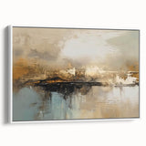 Framed abstract wall art showcasing vibrant strokes and lines in shades of blue, green, and yellow, designed for modern home decor.