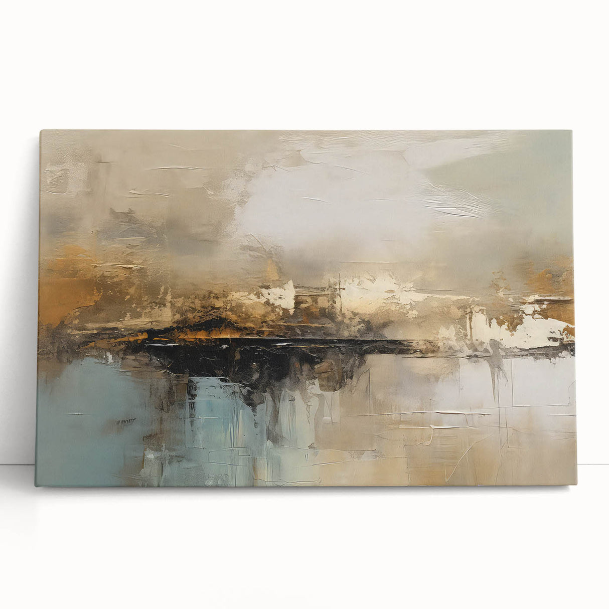 Abstract canvas wall art featuring vibrant strokes and lines in a mix of blue, gold, and white hues, adding modern elegance to any decor.