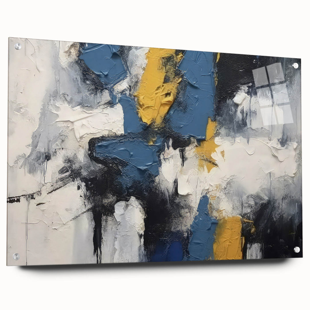 Acrylic glass wall art featuring an abstract design of colorful strokes and lines, displayed with pins against a neutral background for a modern aesthetic.