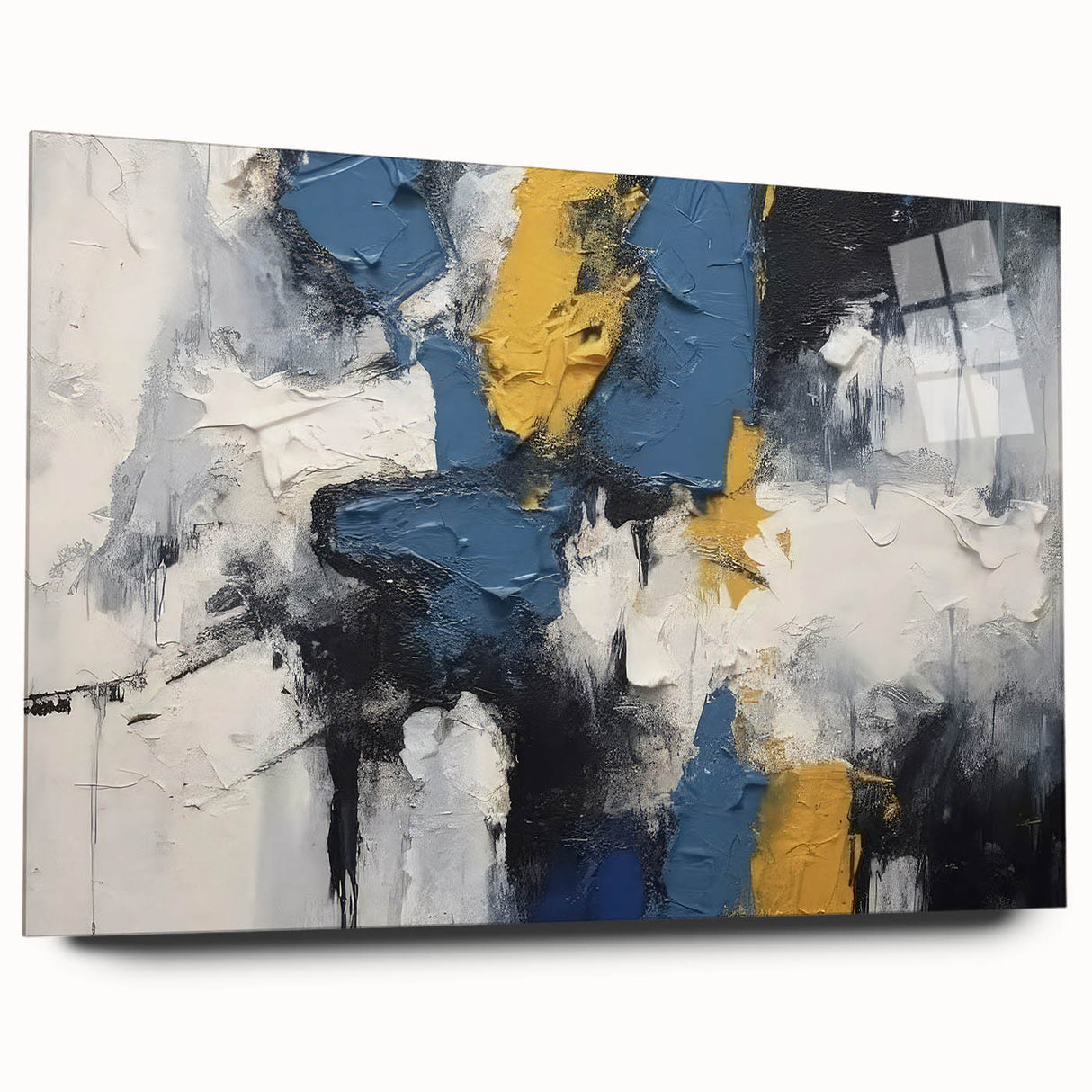Acrylic wall art design showcasing vibrant abstract strokes and lines in a modern aesthetic, displayed in a sleek glass frame. Perfect for contemporary decor.