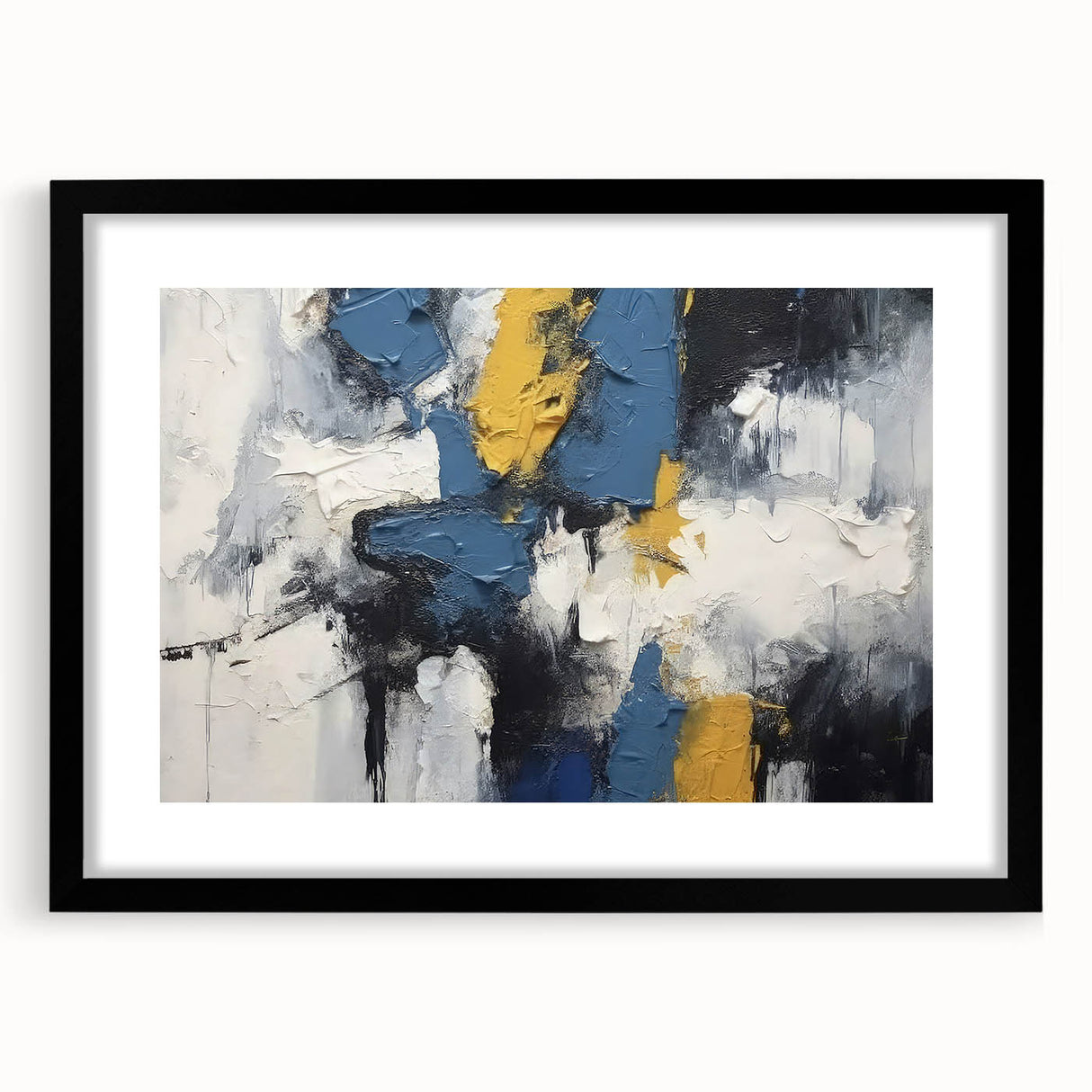 Framed abstract wall art showcasing a modern design of colorful strokes and lines in a sleek black frame, perfect for contemporary decor.