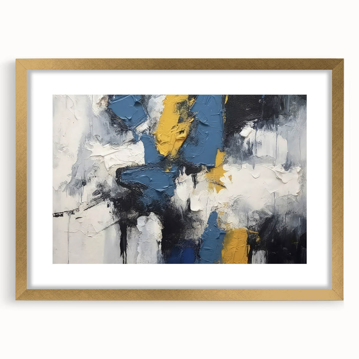 Abstract wall art featuring a gold-framed mat design with colorful strokes and lines, perfect for modern home decor accents.