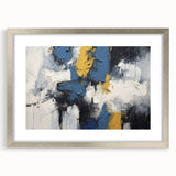Abstract wall art featuring strokes and lines in soft pastel colors, elegantly framed with a silver mat, perfect for modern home decor.
