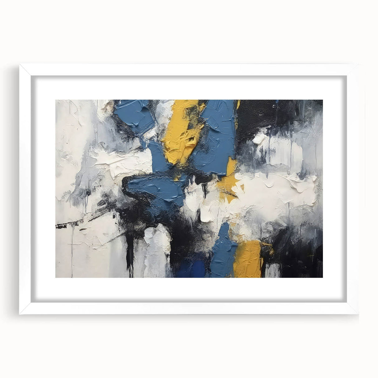 Abstract wall art featuring dynamic strokes and lines in a modern design, framed with a crisp white mat, ideal for contemporary decor.