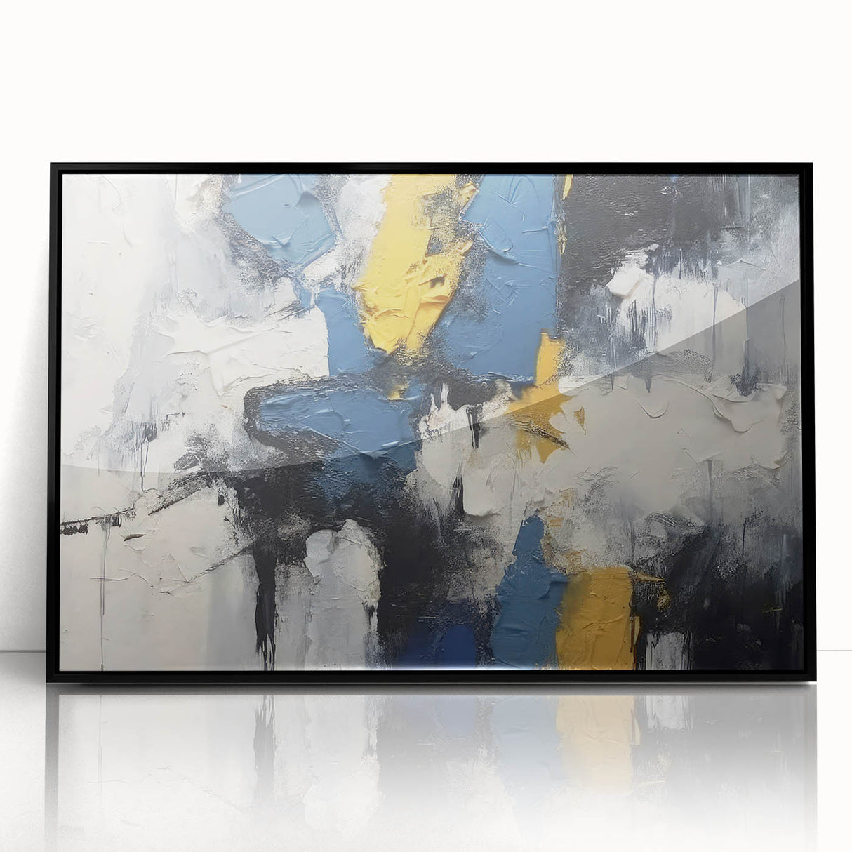 Framed abstract wall art featuring vibrant strokes and lines in shades of blue, orange, and black, enhancing modern interior decor.