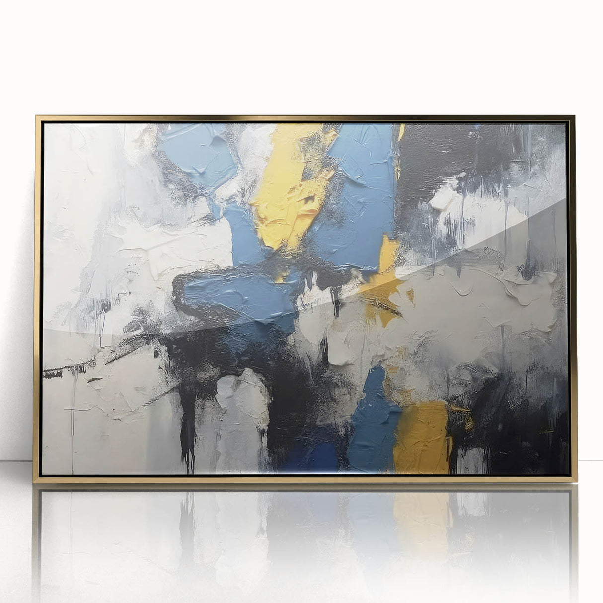 Framed abstract wall art showcasing dynamic gold strokes and lines on a sleek acrylic background, perfect for modern home decor.