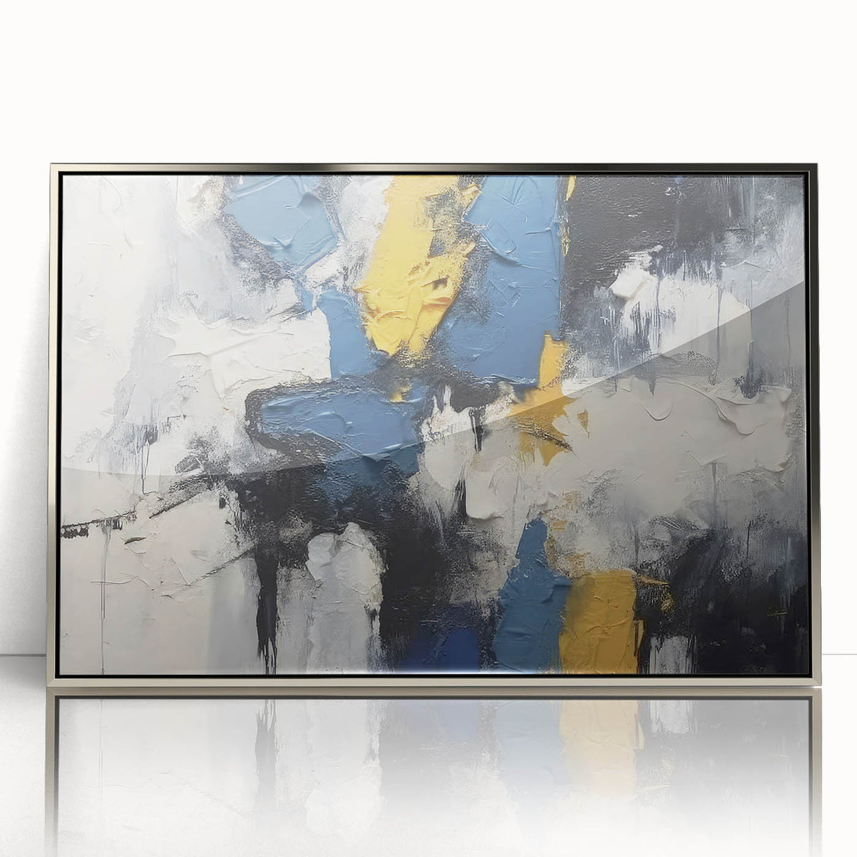 Framed abstract wall art showcasing dynamic strokes and lines in silver and black, adding modern elegance to any decor setting.