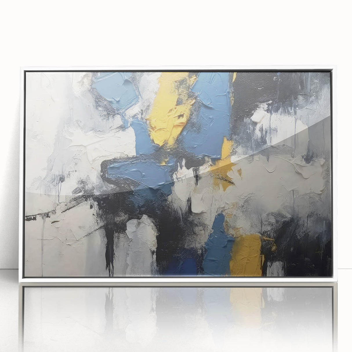 Framed abstract wall art featuring dynamic strokes and lines in various shades of blue and gold, adding a modern touch to any decor.