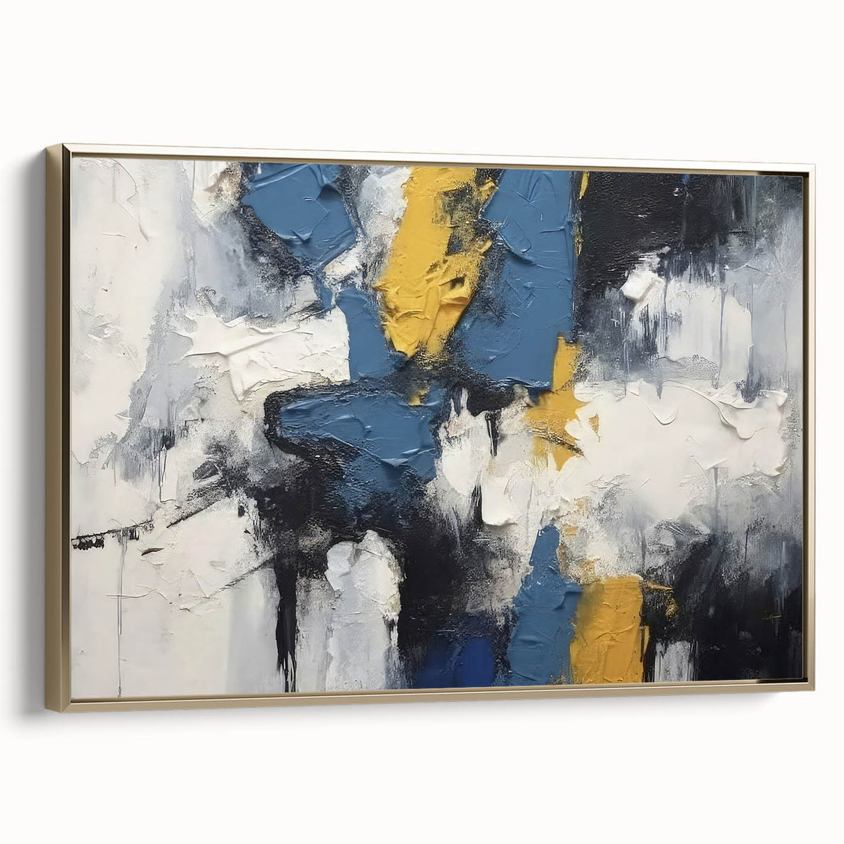 Framed canvas artwork showcasing abstract strokes and lines in gold and neutral tones, adding a modern flair to home decor.