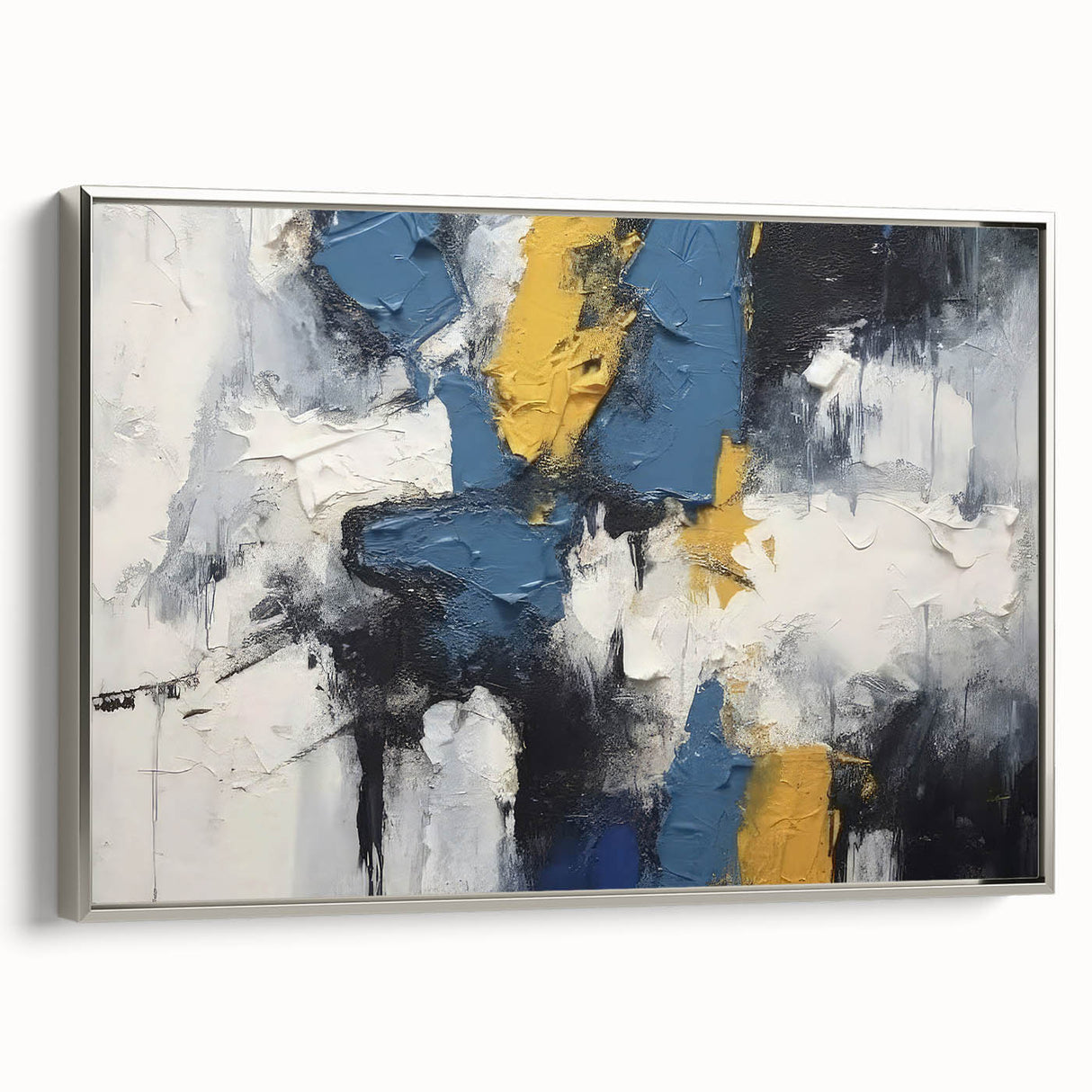 Framed abstract wall art with silver accents, showcasing vibrant strokes and lines in a modern design, perfect for contemporary decor.