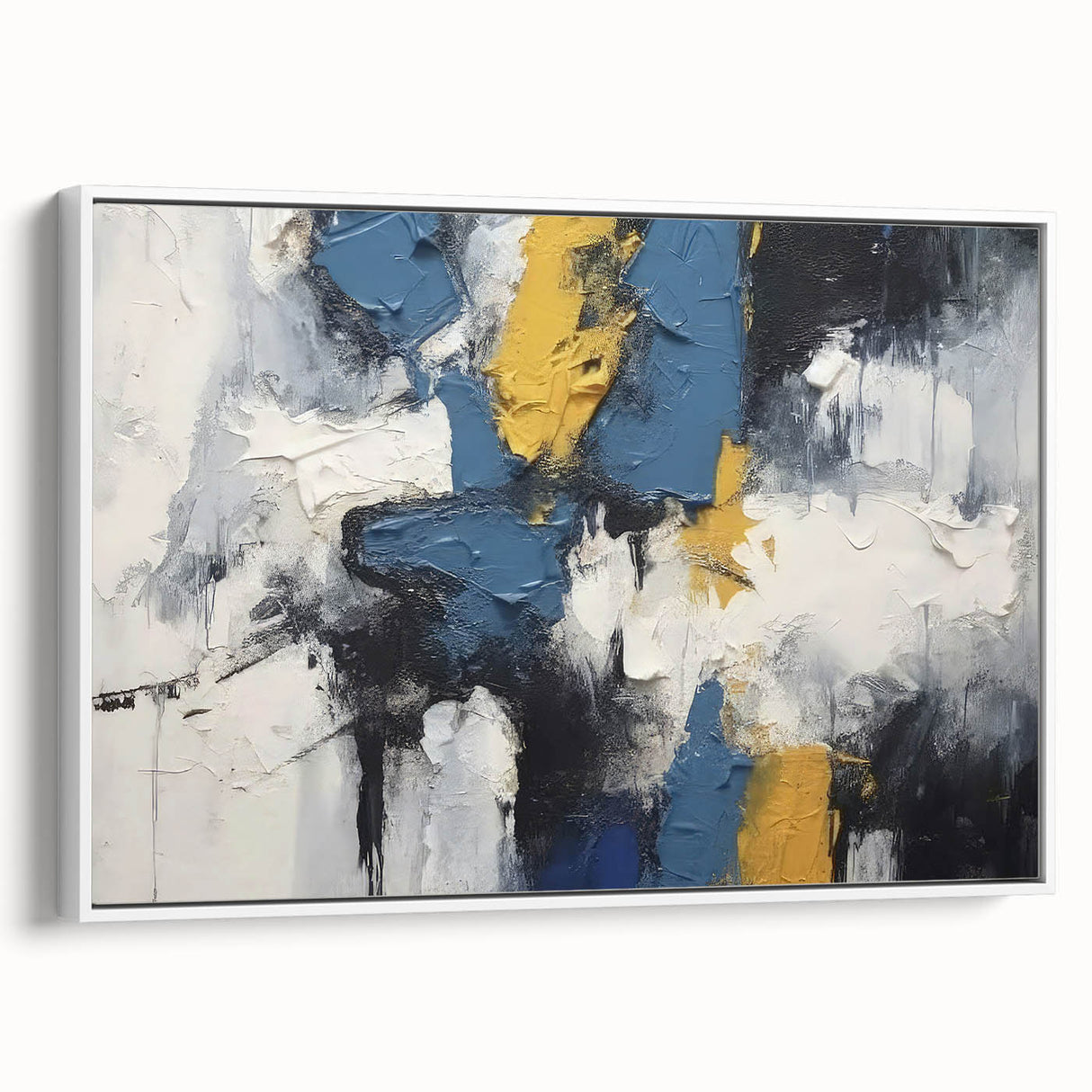 Framed canvas wall art showcasing an abstract design with colorful strokes and lines, featuring a modern aesthetic in a white frame.