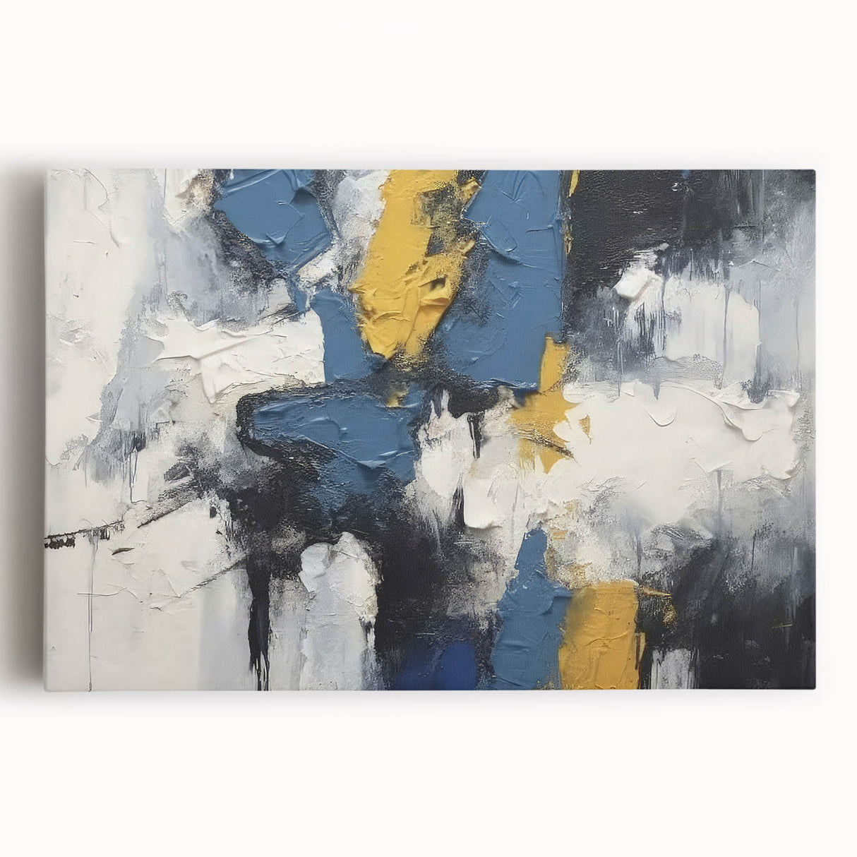 Abstract wall art featuring vibrant strokes and lines in shades of blue, gold, and white on stretched canvas, perfect for modern decor.