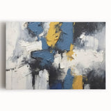 Abstract wall art featuring vibrant strokes and lines in shades of blue, gold, and white on stretched canvas, perfect for modern decor.