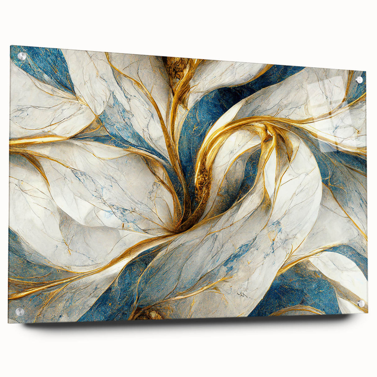Abstract wall art featuring vibrant strokes and lines in a modern design, displayed in an acrylic glass frame with decorative pins.