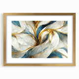 Framed abstract wall art featuring colorful strokes and lines in a modern design, elegantly set in a gold frame with a mat.