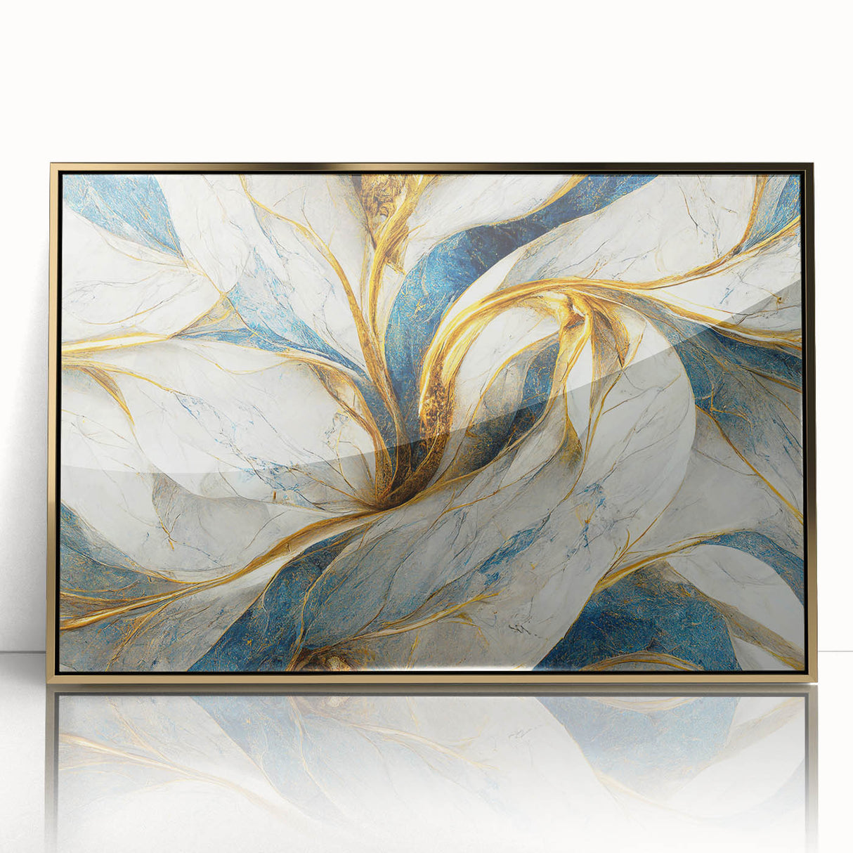 Framed abstract wall art featuring vibrant strokes and lines in gold and black, adding a modern touch to contemporary decor.