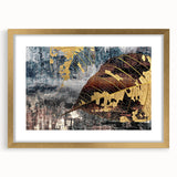 Abstract wall art featuring a contemporary design of colorful strokes and lines, framed with a gold mat, showcasing modern aesthetics ideal for home decor.