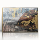 Framed wall art featuring an abstract design of gold strokes and lines on a white background, ideal for modern decor, enhancing elegance in any space.