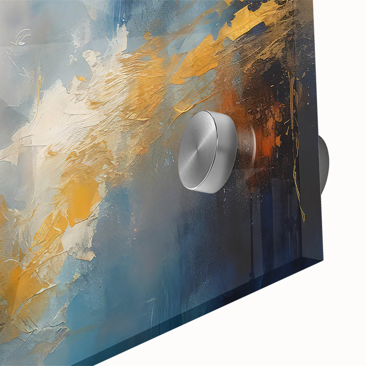 Close-up of an abstract acrylic glass wall art piece showcasing vibrant strokes and lines in a modern design, perfect for contemporary decor.