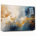 Acrylic glass wall art showcasing an abstract design with vibrant strokes and lines in various colors, mounted with pins for contemporary decor.