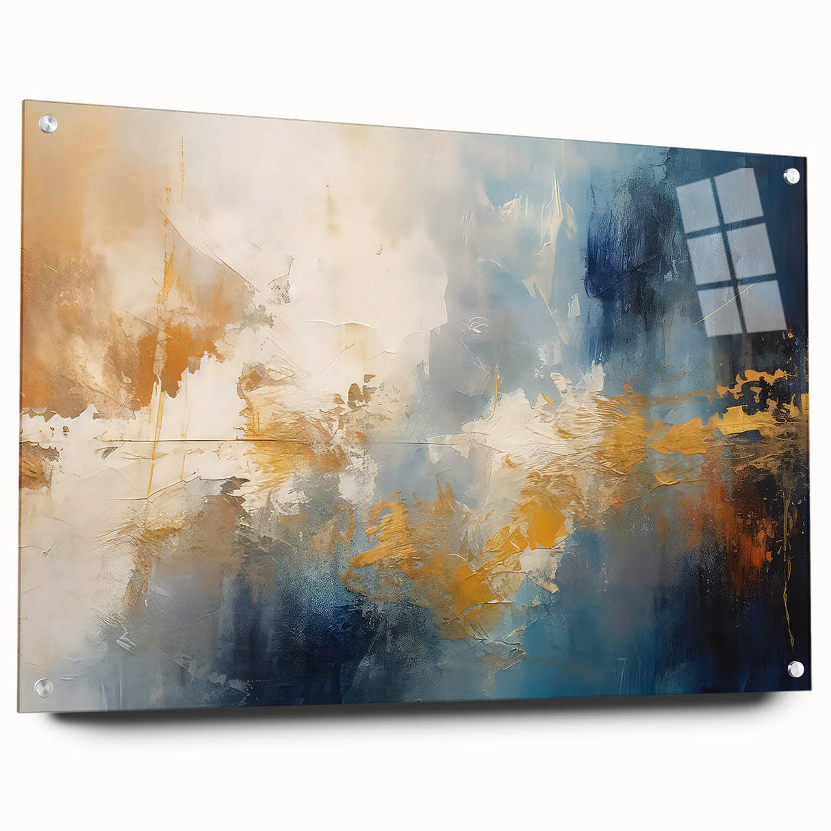 Acrylic glass wall art showcasing an abstract design with vibrant strokes and lines in various colors, mounted with pins for contemporary decor.