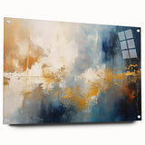 Acrylic glass wall art showcasing an abstract design with vibrant strokes and lines in various colors, mounted with pins for contemporary decor.