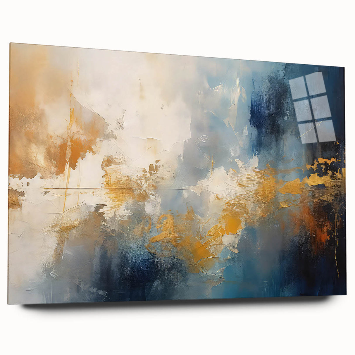 Abstract wall art design featuring colorful strokes and lines printed on acrylic glass, showcased from a side view with a sleek, modern aesthetic.