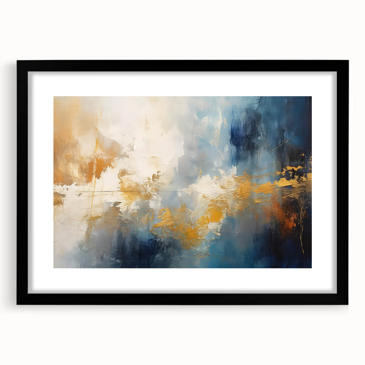 Framed abstract wall art featuring colorful strokes and lines in a modern design, presented with a black frame and mat for elegance.