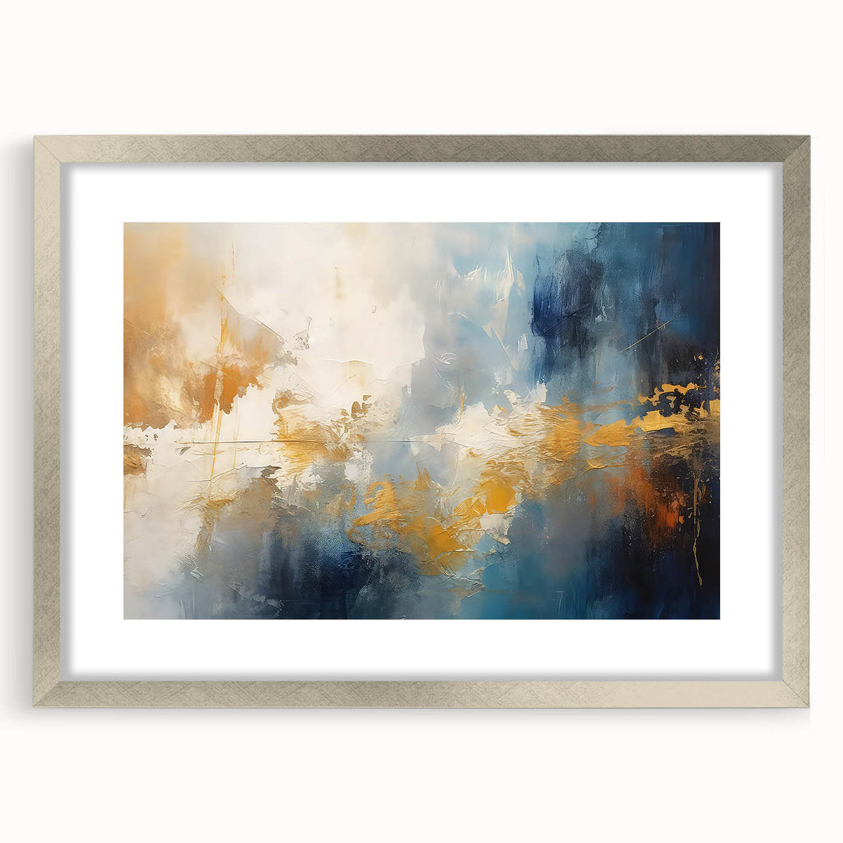 Abstract wall art featuring a modern design of colorful strokes and lines, elegantly framed in silver with a white mat, ideal for contemporary decor.