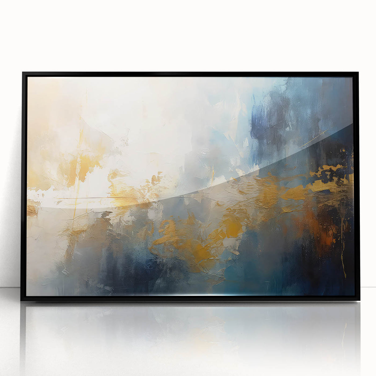 Framed wall art showcasing an abstract design with colorful strokes and lines, featuring a sleek black frame ideal for modern decor.