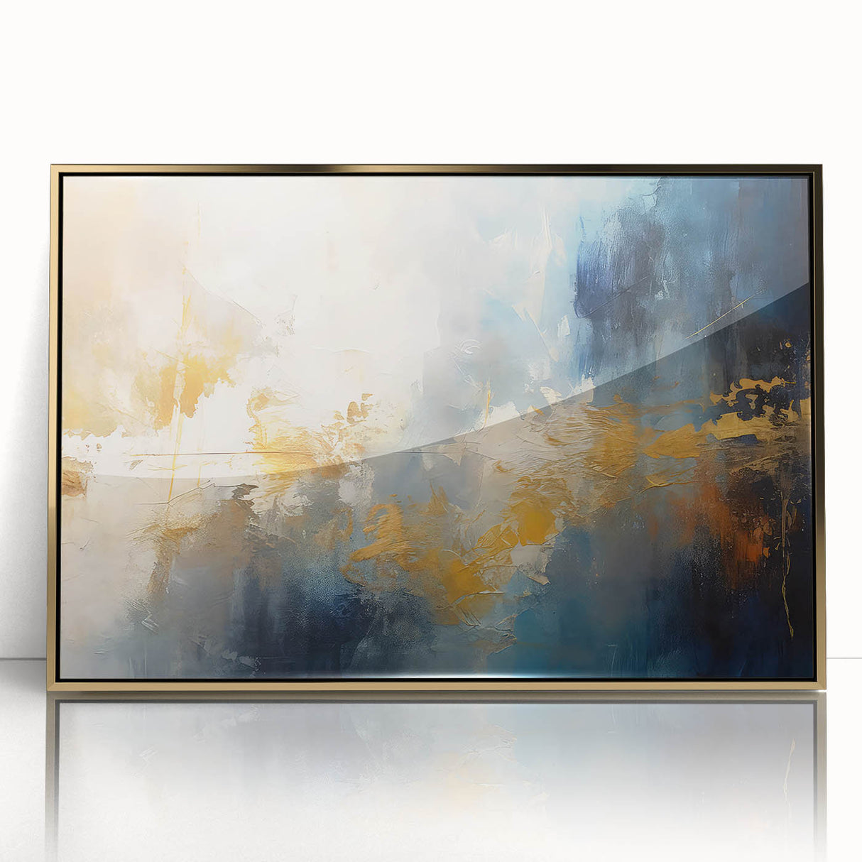 Framed abstract wall art featuring strokes and lines in gold and black, designed to enhance modern interiors with elegance.