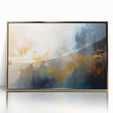 Framed abstract wall art featuring strokes and lines in gold and black, designed to enhance modern interiors with elegance.