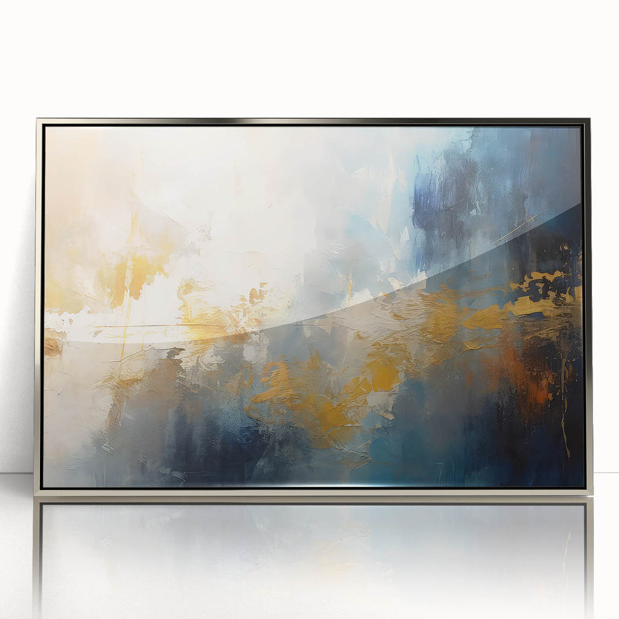 Abstract strokes and lines in vibrant colors create a modern wall art design, framed in silver acrylic, perfect for contemporary decor.