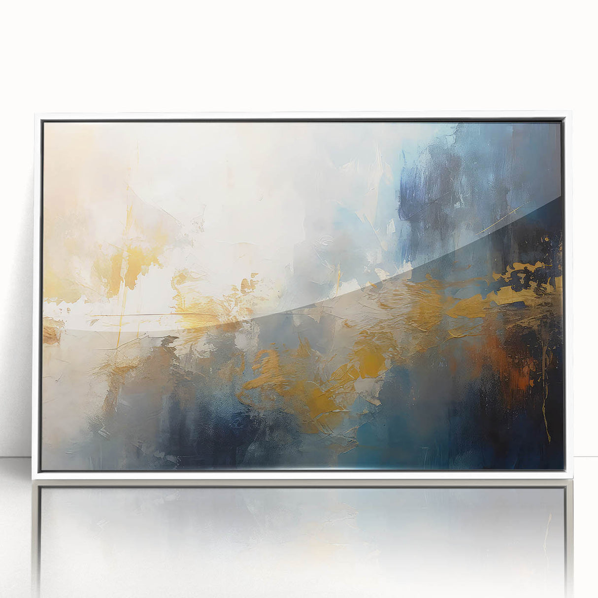 Framed wall art featuring an abstract design of colorful strokes and lines on a white background, perfect for modern home decor.