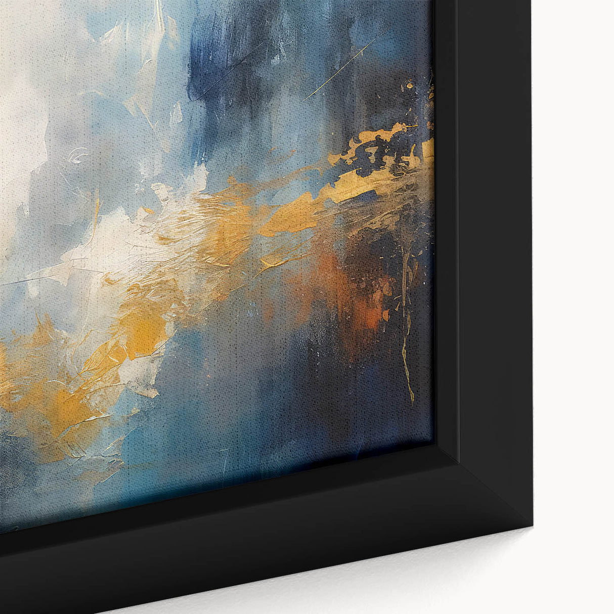 Close-up of a framed canvas art piece showcasing abstract strokes and lines in vibrant colors, perfect for modern home decor.